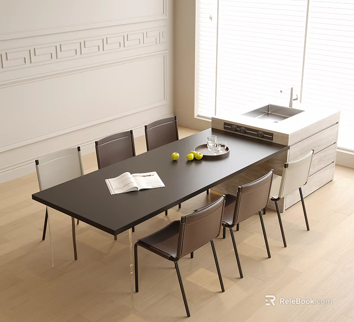 Modern Black Long Dining Table With Six Chairs In Bright Wooden Floor Interior 3d model 