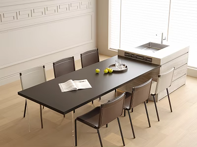 Modern Black Long Dining Table With Six Chairs In Bright Wooden Floor Interior 3d model