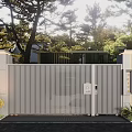 Modern Entrance Gate With Metal Slat Design Surrounded By Trees Greenery And Stone Walls
