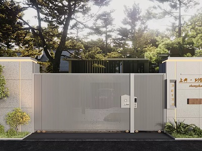 Modern Entrance Gate With Metal Slat Design Surrounded By Trees Greenery And Stone Walls 3d model