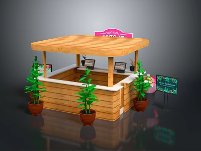 Comfortable Leisure Chair Near Wooden Kiosk With Pink Light Sign Green Plants And Displays 3d model