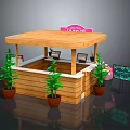 Comfortable Leisure Chair Near Wooden Kiosk With Pink Light Sign Green Plants And Displays
