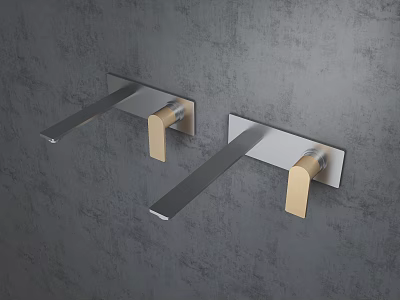 Two Simple Modern Silver Metal Faucets with Golden Handles on Gray Concrete Wall 3d model
