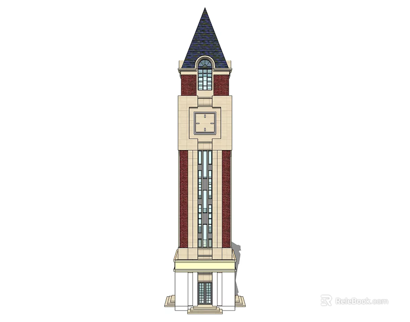 Detailed Traditional Clock Tower With Brick Structure Steeple Windows And Entrance 3d model 