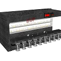 Modern Black Bar Counter With High Stools And Beverage Display Racks 3d model