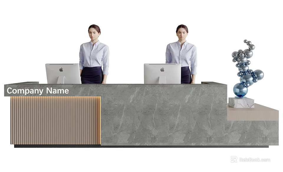 Modern Reception Desk With Marble Countertop Wooden Panel Two Apple Computers Staff Metallic Decor 3d model 