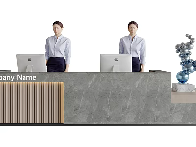 Modern Reception Desk With Marble Countertop Wooden Panel Two Apple Computers Staff Metallic Decor 3d model