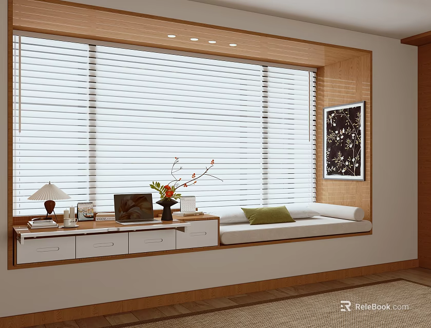 Bay Window Interior Design With Venetian Blinds Table Lamp Laptop Flower Arrangement And Green Cushion 3d model 