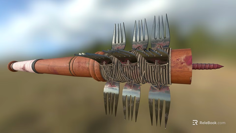 Primitive Weapon Made With Wooden Handle And Metal Forks Bound Together 3d model 