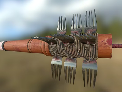 Primitive Weapon Made With Wooden Handle And Metal Forks Bound Together 3d model
