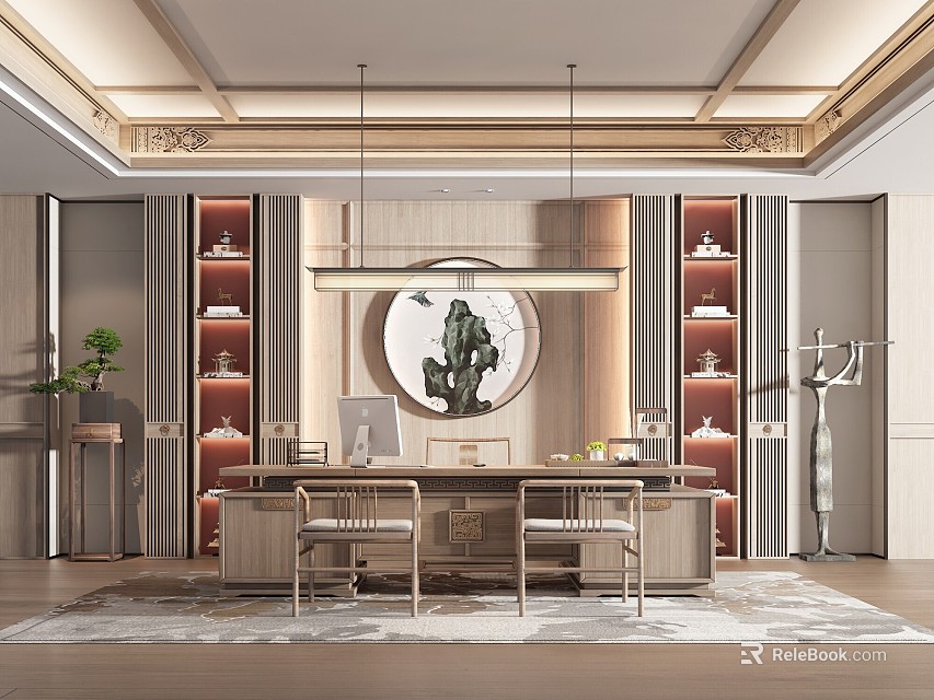 Elegant Chinese Office Interior with Wooden Desk Round Painting Pendant Light Bookshelves and Green Plant 3d model 