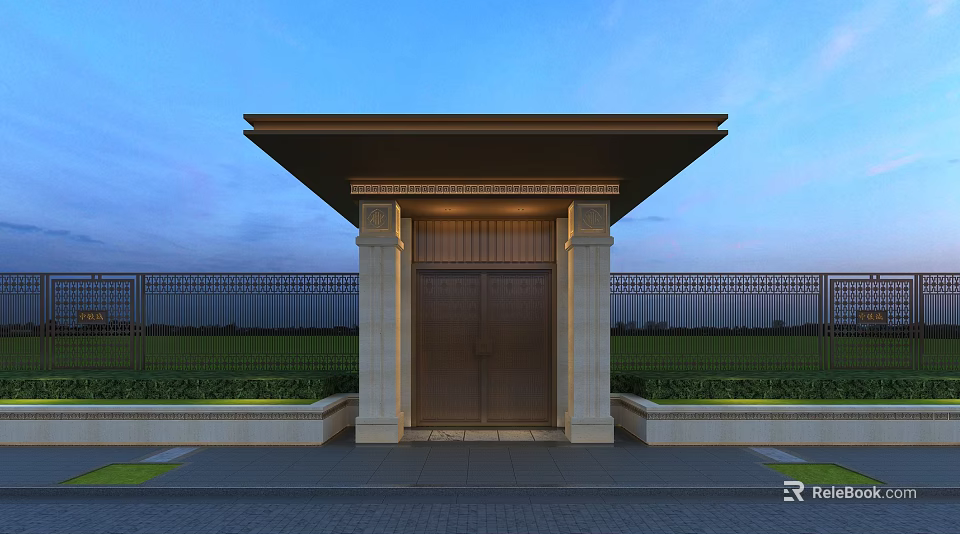 Modern Architectural Entrance With Grand Roof Symmetric Pillars Green Plants Against Blue Sky And Fence 3d model 
