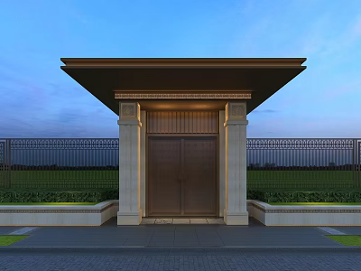 Modern Architectural Entrance With Grand Roof Symmetric Pillars Green Plants Against Blue Sky And Fence 3d model