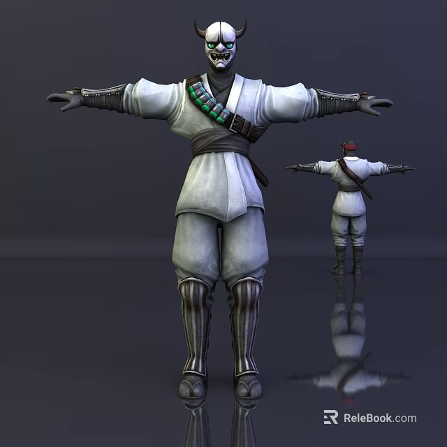 White Outfit Game Character With Green Sash Black Boots Red Headscarf Front Back Views 3d model 