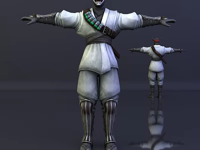 White Outfit Game Character With Green Sash Black Boots Red Headscarf Front Back Views 3d model