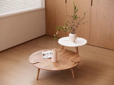 Wooden Round Coffee Table with White Side Table and Green Plants in Living Room Interior 3d model