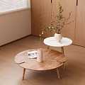 Wooden Round Coffee Table with White Side Table and Green Plants in Living Room Interior