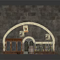 Medieval Interior Setting With Stone Wall Scrolls Arched Doorway Wooden Barrel Cabinet And Bottle Shelf
