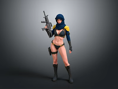 Female Combat Character In Bikini Blue Headscarf Holding Rifle With Black Boots And Armor 3d model