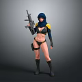 Female Combat Character In Bikini Blue Headscarf Holding Rifle With Black Boots And Armor