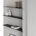 Modern Fireplace Interior With Gray Wall Floating Black Shelves And Decorative Items