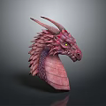 Mythical Pink Dragon Character Head With Scales Horns And Yellow Eyes