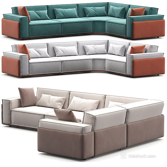 Modern Multi Person Sectional Sofa With Colorful Modules And Decorative Pillows 3d model