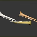 Shiny Silver Copper and Gold Trumpets Displayed on Dark Background with Reflections