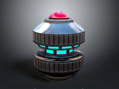 Futuristic Device With Silver Metallic Body Layered Structure Red Top Button And Blue Glowing Panels 3d model