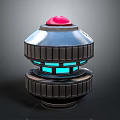Futuristic Device With Silver Metallic Body Layered Structure Red Top Button And Blue Glowing Panels