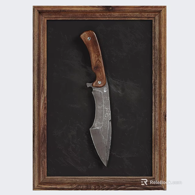 Artisan Crafted Weapon Knife With Wooden Handle Textured Blade And Wooden Frame On Dark Background 3d model 