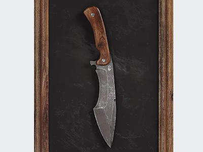Artisan Crafted Weapon Knife With Wooden Handle Textured Blade And Wooden Frame On Dark Background 3d model
