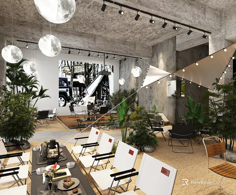 Industrial Style Café Interior With Concrete Structure Green Plants Pendant Lights And Canopy Decoration 3d model 
