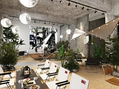 Industrial Style Café Interior With Concrete Structure Green Plants Pendant Lights And Canopy Decoration 3d model