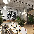 Industrial Style Café Interior With Concrete Structure Green Plants Pendant Lights And Canopy Decoration