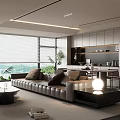 Modern Open Living Dining Room Interior With Large Windows Leather Sofa And Dark Cushions