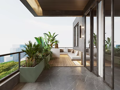 Cozy Home Balcony With Green Plants Sofa Seating Wooden Deck And City View 3d model
