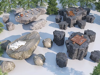 Rustic Stone Outdoor Table Featuring Chessboard and Tea Set Surrounded by Trees 3d model