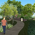 Scenic Garden Landscape With Water Area Colorful Trees Lawn And Rocks