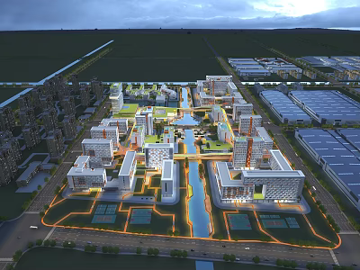 Modern Industrial Factory Complex Layout With Buildings Green Spaces And Water Channels 3d model
