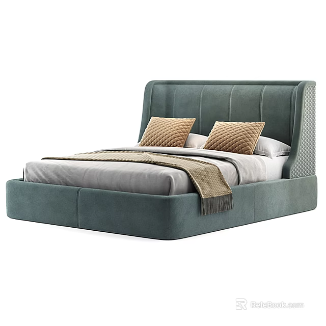 Modern Teal Upholstered Double Bed With Brown Pillows And Light Blanket 3d model