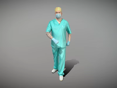 Man Wearing Green Surgical Scrubs Yellow Cap Face Mask Blue Gloves Tattoos on Gray Background 3d model