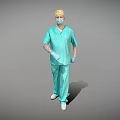 Man Wearing Green Surgical Scrubs Yellow Cap Face Mask Blue Gloves Tattoos on Gray Background