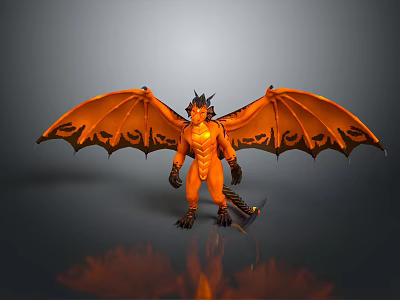 Orange Dragon Game Movie Character With Muscular Body Horns And Wings 3d model