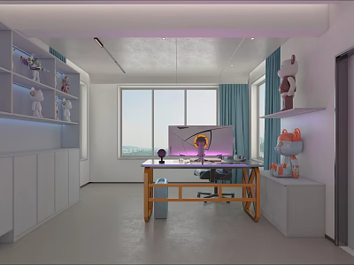 Gaming Study Room Decorated with Figurines Desk Monitor and Window Curtains 3d model