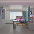 Gaming Study Room Decorated with Figurines Desk Monitor and Window Curtains