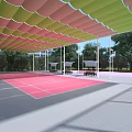 Modern Outdoor Basketball Court With Pink Surface Canopy Shade And Trees