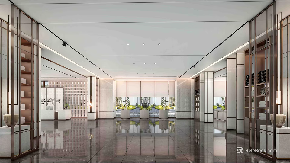 Modern Luxury Sales Office Interior Featuring Spacious Layout Marble Flooring And Glass Curtain Walls 3d model 