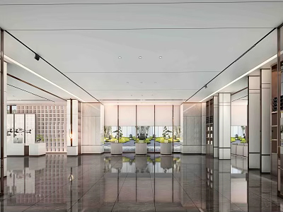 Modern Luxury Sales Office Interior Featuring Spacious Layout Marble Flooring And Glass Curtain Walls 3d model