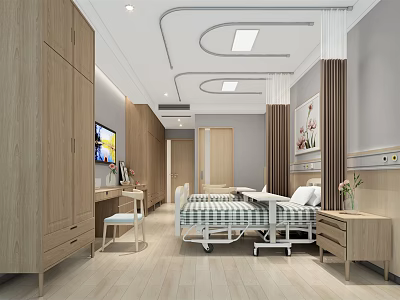 Modern Hospital Room Interior With Wooden Cabinets TV Bed And Curtains 3d model